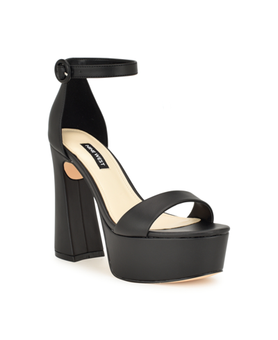 Shop Nine West Women's Ivana Flared Heel Open Toe Dress Sandals In Black - Faux Leather