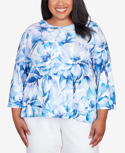 Shop Alfred Dunner Plus Size Classic Watercolor Floral Lace Paneled Top In Denim