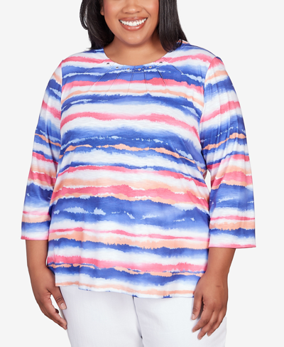 Shop Alfred Dunner Plus Size Classic Brights Watercolor Stripe Pleated Neck Top In Multi