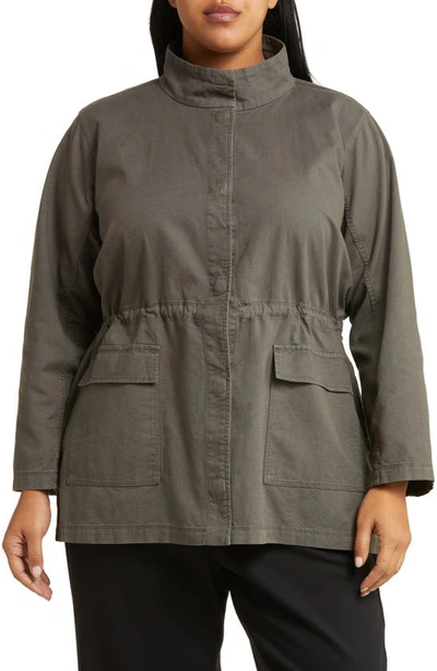 Shop Eileen Fisher Stand Collar Organic Cotton Blend Jacket In Grove