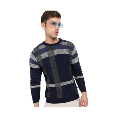 Shop Campus Sutra Men's Blue & Grey Heathered Contrast Panel Pullover Sweater In Multicolor