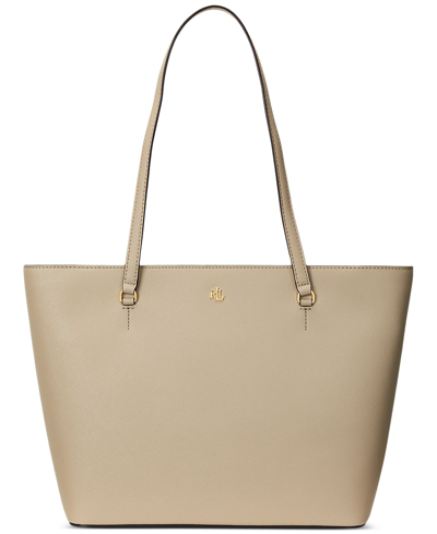 Shop Lauren Ralph Lauren Crosshatch Leather Medium Karly Shopper Tote In Birch Tan