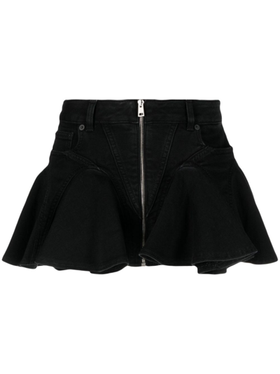 Shop Mugler Black Flared Denim Mini Skirt