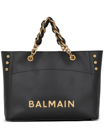 Shop Balmain Black Logo-plaque Leather Tote Bag In 0pa