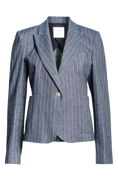 Shop Eleventy Pinstripe Crop Linen & Cotton Blend Blazer In Blue