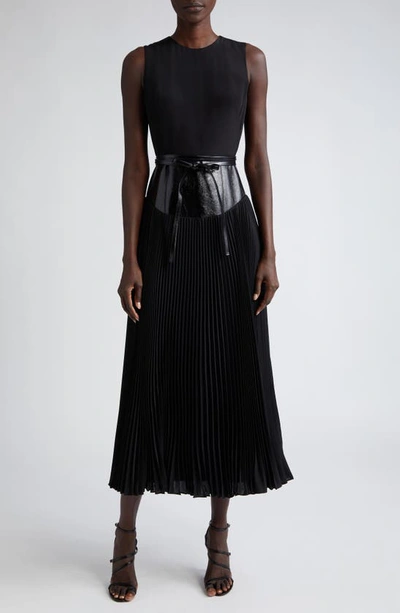 Shop Brandon Maxwell The Claudia Leather Waist Pleated Dress In Black