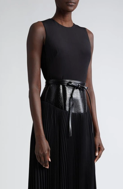 Shop Brandon Maxwell The Claudia Leather Waist Pleated Dress In Black