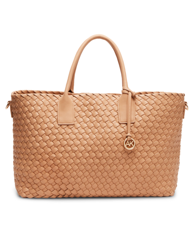 Shop Anne Klein Large Woven Tote With Detachable Pouch In Tan