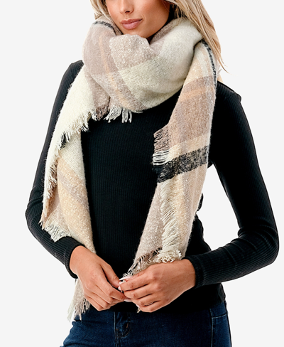 Marcus Adler Women's Cozy Plaid Fringe-trim Blanket Scarf In Ivory