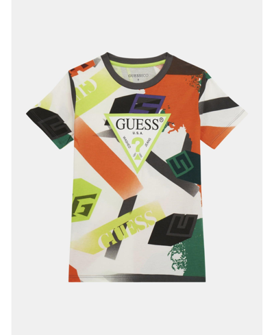 Shop Guess Big Boys Cotton Short Sleeve All Over Print With Screen Print Logo T-shirt In Multi