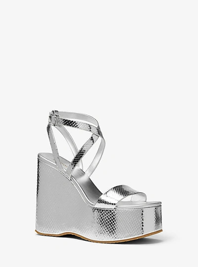 Shop Michael Kors Paola Metallic Snake Embossed Leather Wedge Sandal In Silver