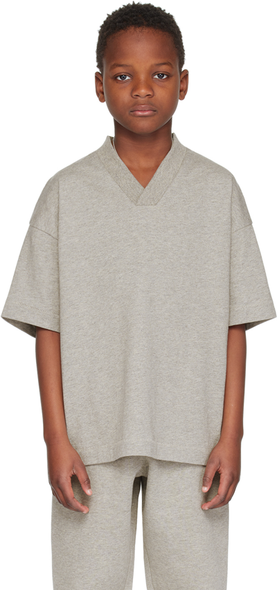 Shop Essentials Kids Gray V-neck T-shirt In Dark Heather Oatmeal