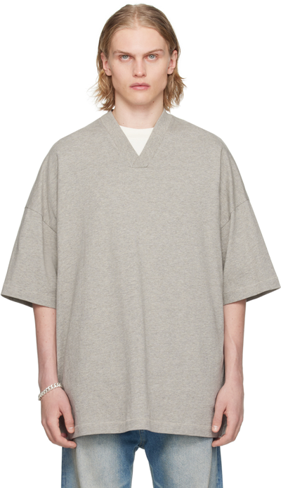 Shop Essentials Gray V-neck T-shirt In Dark Heather Oatmeal