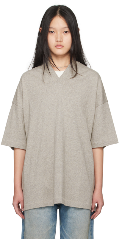 Shop Essentials Gray V-neck T-shirt In Dark Heather Oatmeal