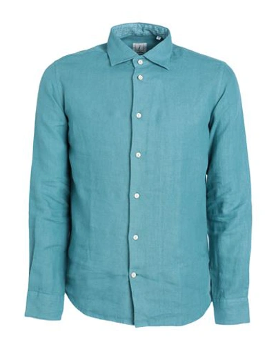 Shop Drumohr Man Shirt Turquoise Size S Linen In Blue