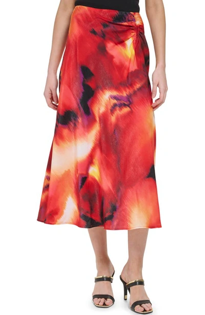 Shop Dkny Ruched Print Satin Maxi Skirt In Black/ Persimmon Multi