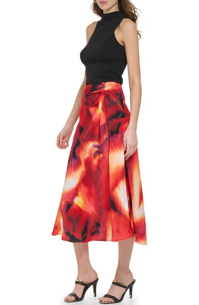 Shop Dkny Ruched Print Satin Maxi Skirt In Black/ Persimmon Multi