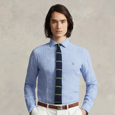Shop Ralph Lauren Custom Fit Linen Shirt In Med Blue