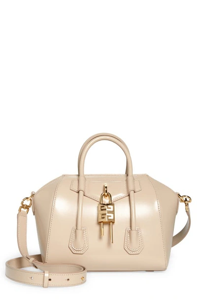 Shop Givenchy Mini Antigona Lock Leather Satchel In Natural Beige