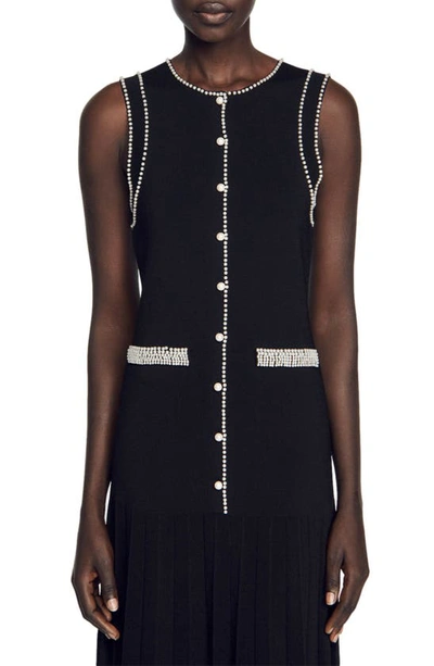 Shop Sandro Naima Imitation Pearl Button Front Sleeveless Midi Dress In Black