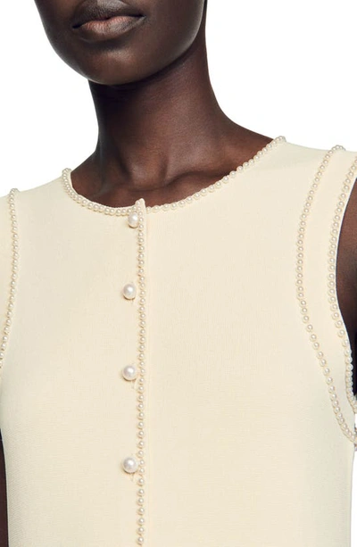 Shop Sandro Naima Imitation Pearl Button Front Sleeveless Midi Dress In Beige