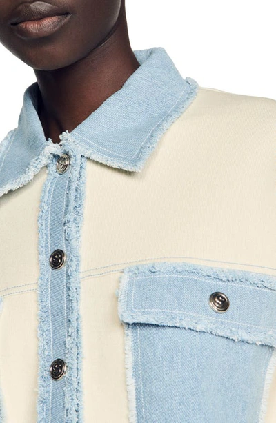 Shop Sandro Dolly Denim Trim Button-up Sweater In Ecru