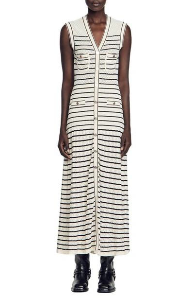 Shop Sandro Molina Button Front Maxi Sweater Dress In White / Black