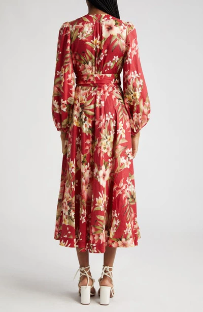 Shop Zimmermann Lexi Floral Long Sleeve Linen Wrap Dress In Red Palm