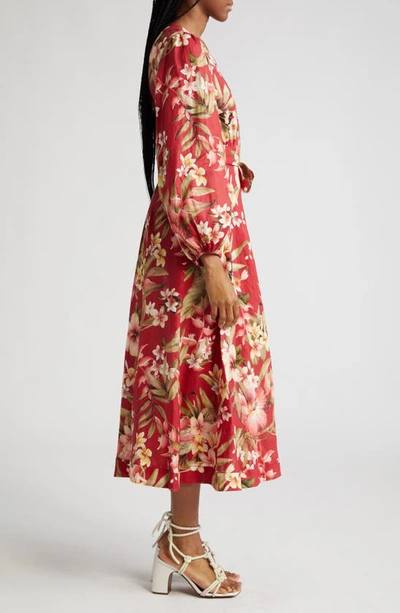 Shop Zimmermann Lexi Floral Long Sleeve Linen Wrap Dress In Red Palm