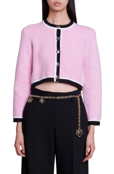 Shop Maje Magie Tipped Crop Cardigan In Pink