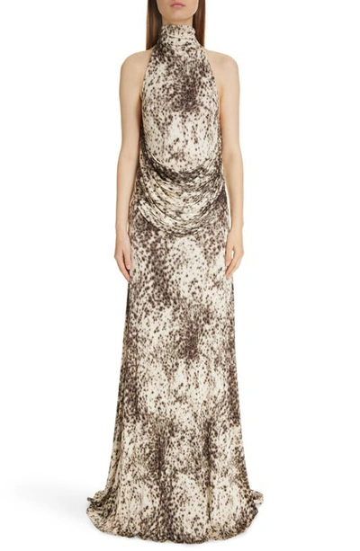 Shop Givenchy Snow Leopard Print Halter Neck Draped Jersey Dress In Natural/ Brown