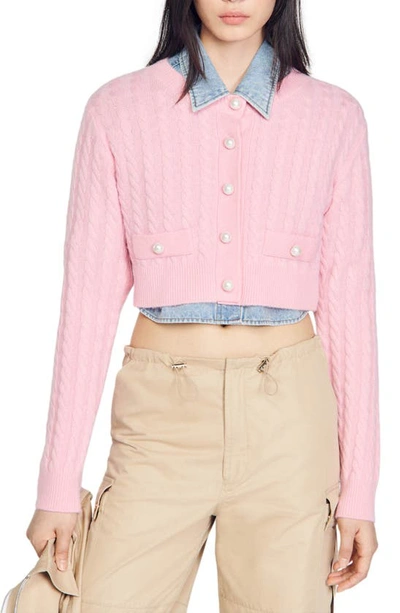 Shop Sandro Elina Cable Stitch Wool Blend Crop Cardigan In Pink