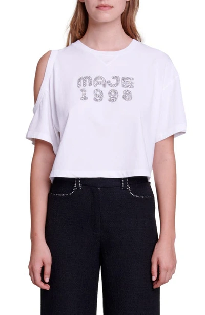 Shop Maje Tte Single Cold Shoulder Cotton Graphic Crop T-shirt In White