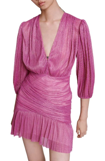 Shop Maje Rusalia Puff Shoulder Three-quarter Sleeve Lamé Minidress In Fuchsia Pink