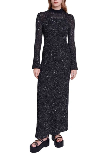 Shop Maje Raville Sequin Long Sleeve Knit Maxi Dress In Black