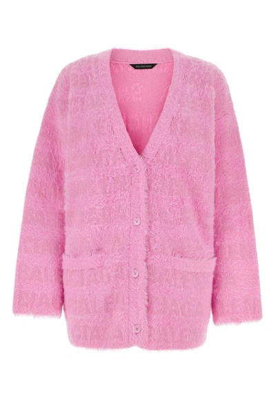 Balenciaga Bal Horizontal Allover Furry Cardigan In Pink