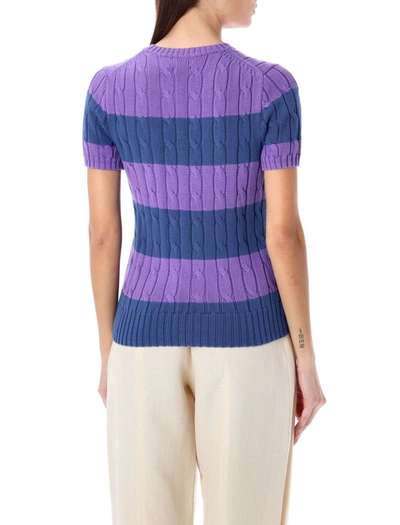 Shop Polo Ralph Lauren Striped Cable-knit Short Sleeve Sweater In Violet Gem Blue