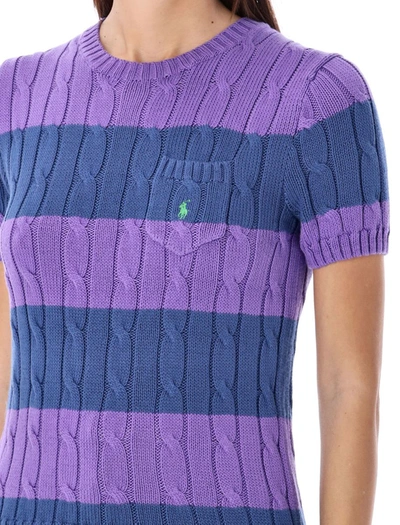 Shop Polo Ralph Lauren Striped Cable-knit Short Sleeve Sweater In Violet Gem Blue