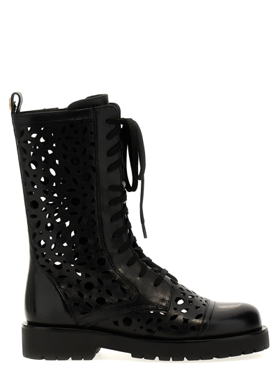 Shop Twinset Openwork Leather Combat Boots In Black