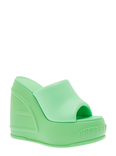 Shop Fendi Green Platform Slides With Embossed Oversized Ff Pattern In Leather Woman
