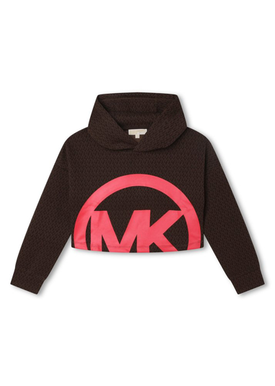 Shop Michael Kors Kids Logo Printed Cropped Hoodie In Brown