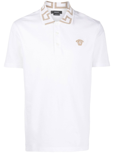 Shop Versace White Greca Cotton Polo Shirt