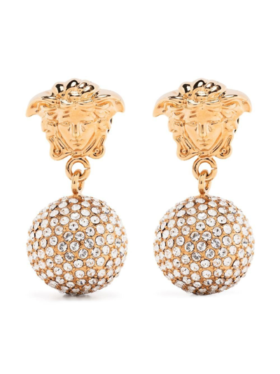 Shop Versace Gold-tone Medusa Crystal-embellished Drop Earrings