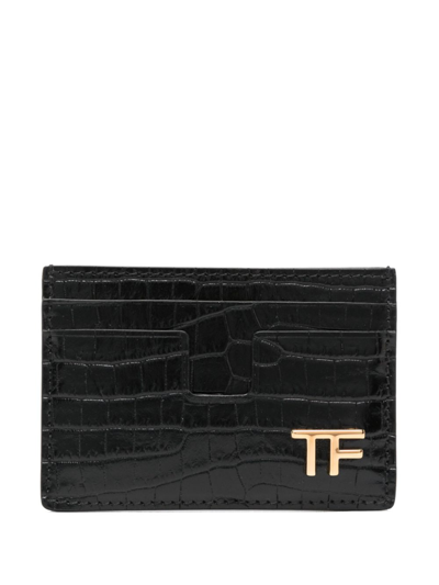 Shop Tom Ford Black Croco-embossed Leather Card Holder