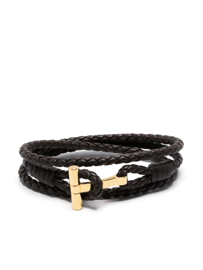 Shop Tom Ford Brown T-plaque Braided Leather Bracelet