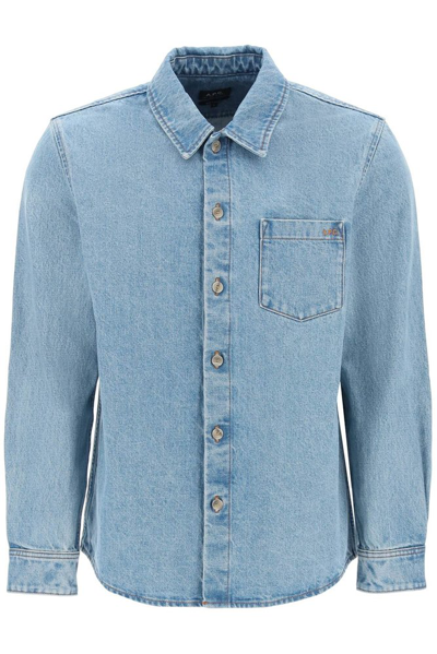 Shop Apc A.p.c. Logo Embroidered Buttoned Denim Shirt In Blue