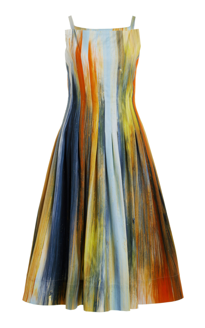 Shop Oscar De La Renta Pleated Cotton Sateen Midi Dress In Multi