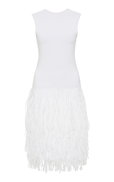 Shop Aje Rushes Raffia-trimmed Knit Midi Dress In White