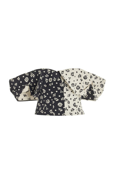 Shop Rosie Assoulin Flap Around The Edges Printed Cotton-blend Crop Top In Black,white