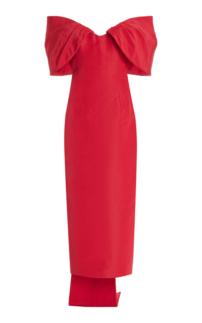 Shop Monique Lhuillier Bow-effect Off-the-shoulder Silk Maxi Dress In Red